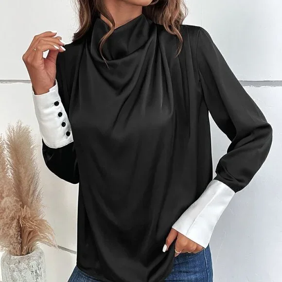 Black Casual Womens Contrast Cuff Fold Pleated Detail 2 In 1 Blouse - Picture 4 of 5